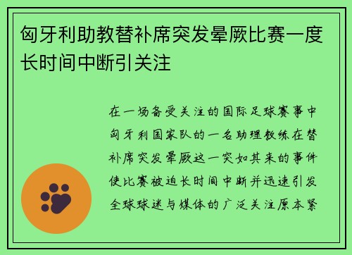 匈牙利助教替补席突发晕厥比赛一度长时间中断引关注