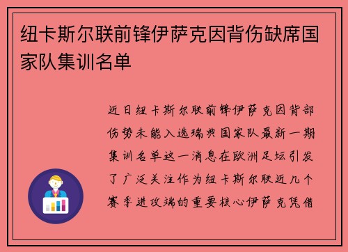 纽卡斯尔联前锋伊萨克因背伤缺席国家队集训名单
