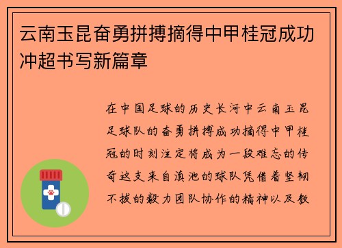 云南玉昆奋勇拼搏摘得中甲桂冠成功冲超书写新篇章
