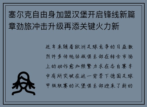 塞尔克自由身加盟汉堡开启锋线新篇章劲旅冲击升级再添关键火力新