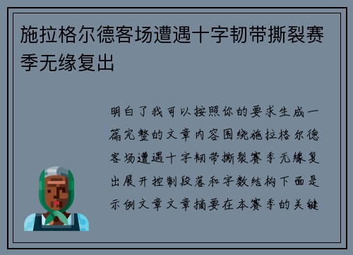 施拉格尔德客场遭遇十字韧带撕裂赛季无缘复出